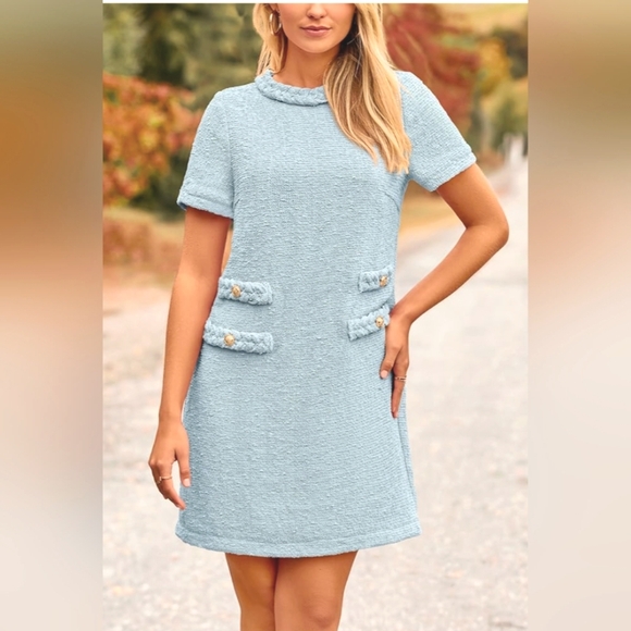 PRETTYGARDEN Women's Tweed Short Dress Crewneck Short Sleeve A Line Mini, New - Picture 4 of 13
